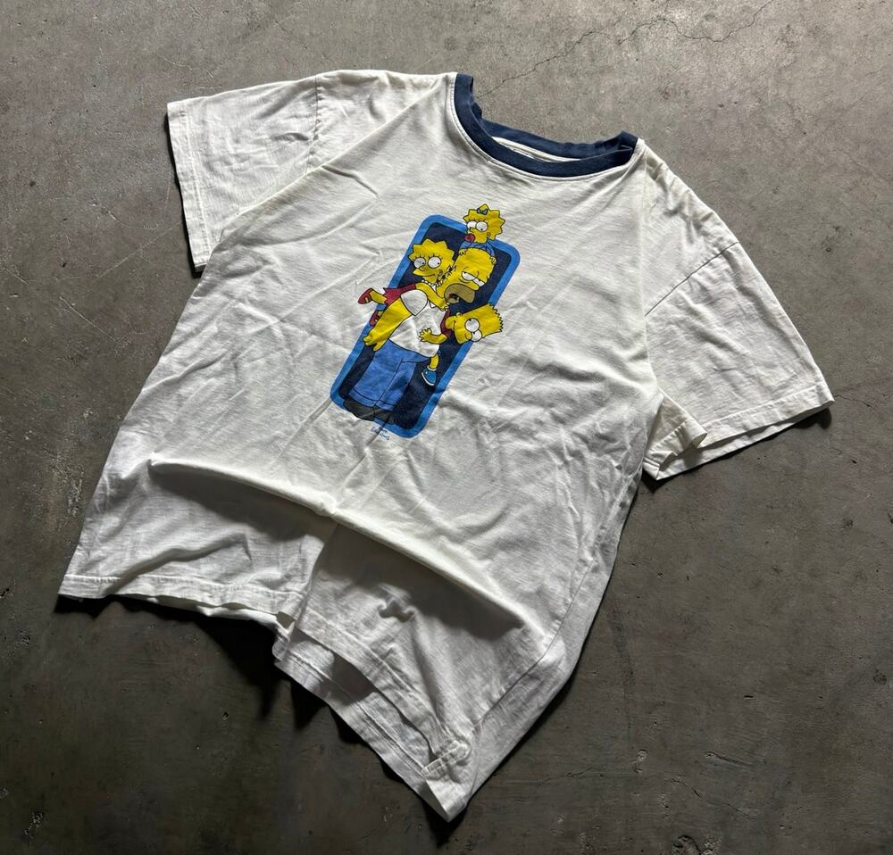 Vintage Simpsons Mens S/M White/Blue Graphic Print Crew Neck Cotton T-Shirt